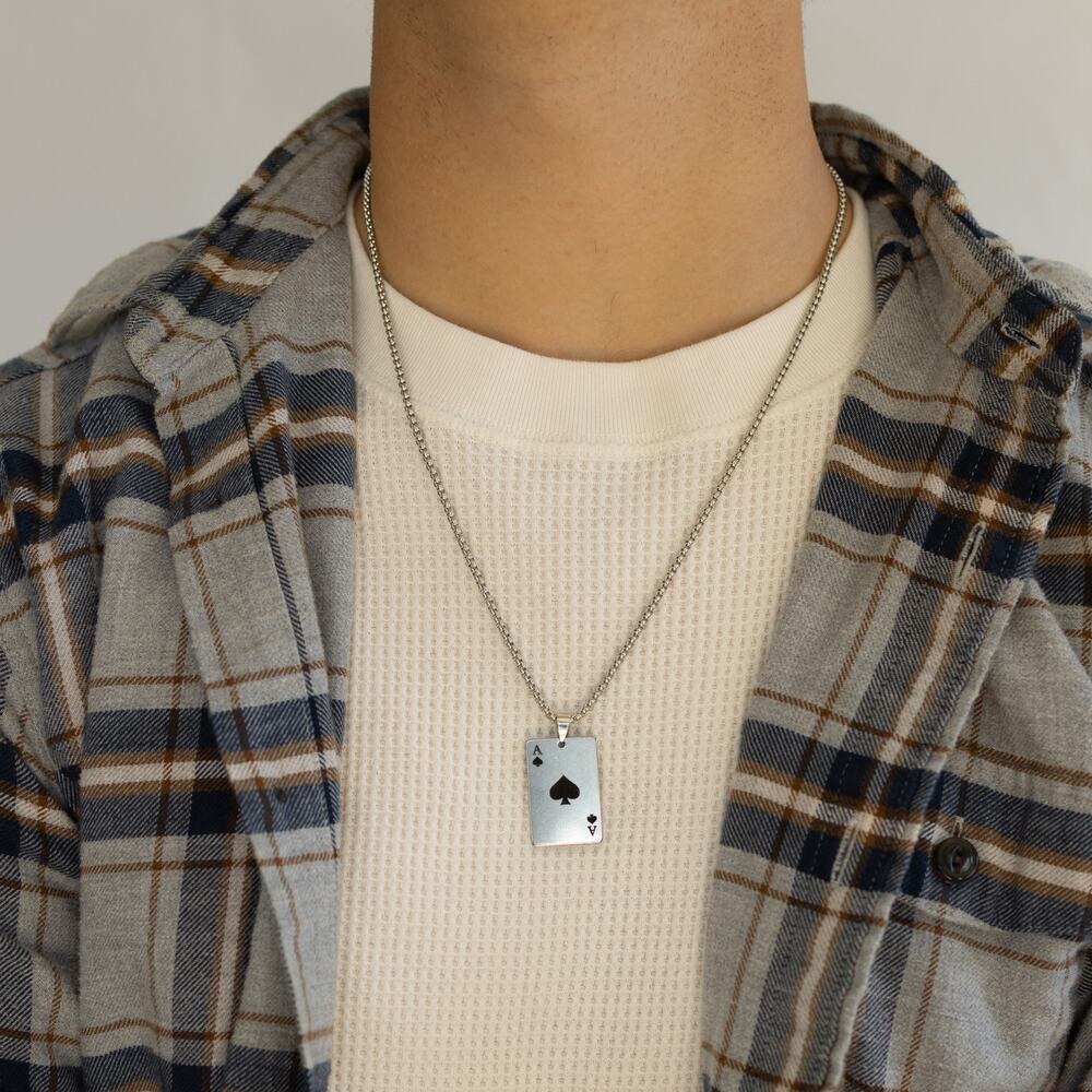 Y2K Silver Tone Ace of Spades Necklace 24" Chain Unisex Statement Punk New